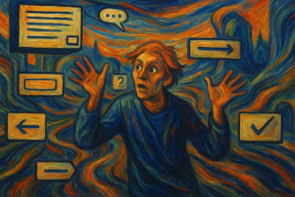 Man in Munch style confused by bad website navigation